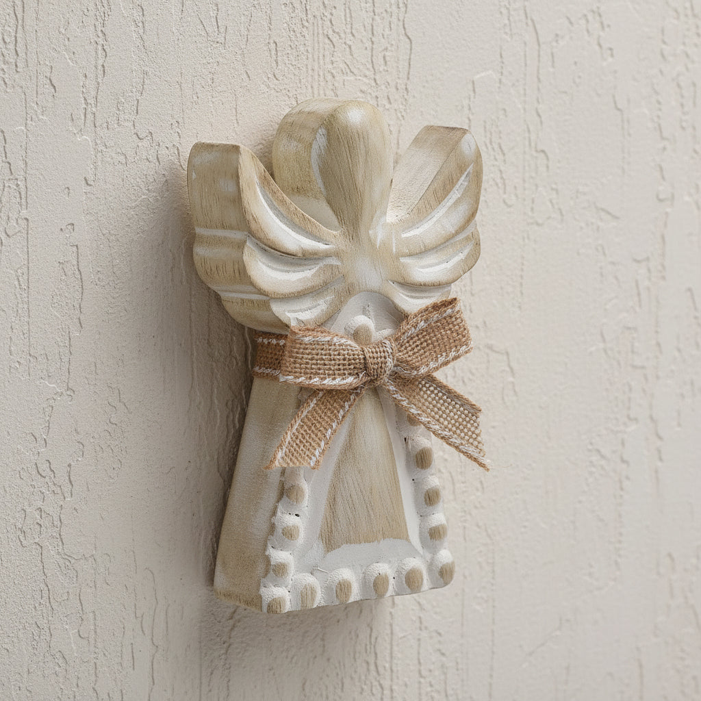 Rustic Whitewashed Mango Wood Angel - Hand-Carved Home Decor. Side view of the beautifully carved angel, showcasing its vintage charm, ideal for holiday home decor and gifting.