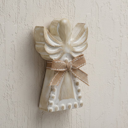 Rustic Whitewashed Mango Wood Angel - Hand-Carved Home Decor. Side view of the beautifully carved angel, showcasing its vintage charm, ideal for holiday home decor and gifting.