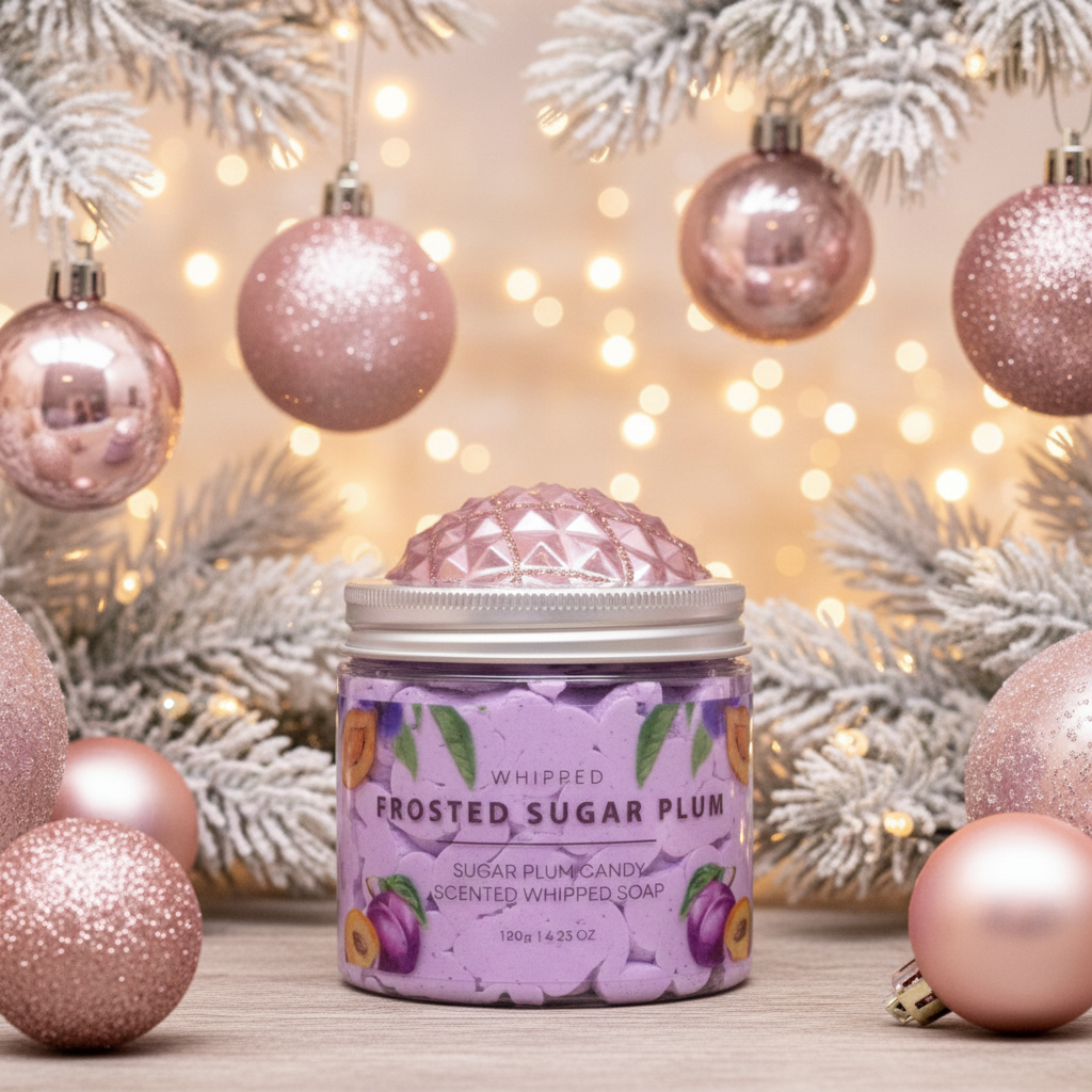 Frosted Sugar Plum Whipped Soap 120g - Perfectly packaged for gifting, a luxurious frosted sugar plum soap ideal for holiday self-care.