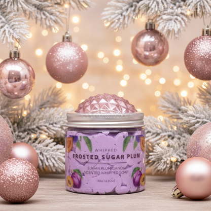 Frosted Sugar Plum Whipped Soap 120g - Perfectly packaged for gifting, a luxurious frosted sugar plum soap ideal for holiday self-care.