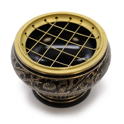 Top view of an Elegant Brass Charcoal Burner with Intricate Design for Incense, featuring a mesh top for controlled burning. This beautiful piece makes a great Christmas gift, enhancing your home fragrance effortlessly.