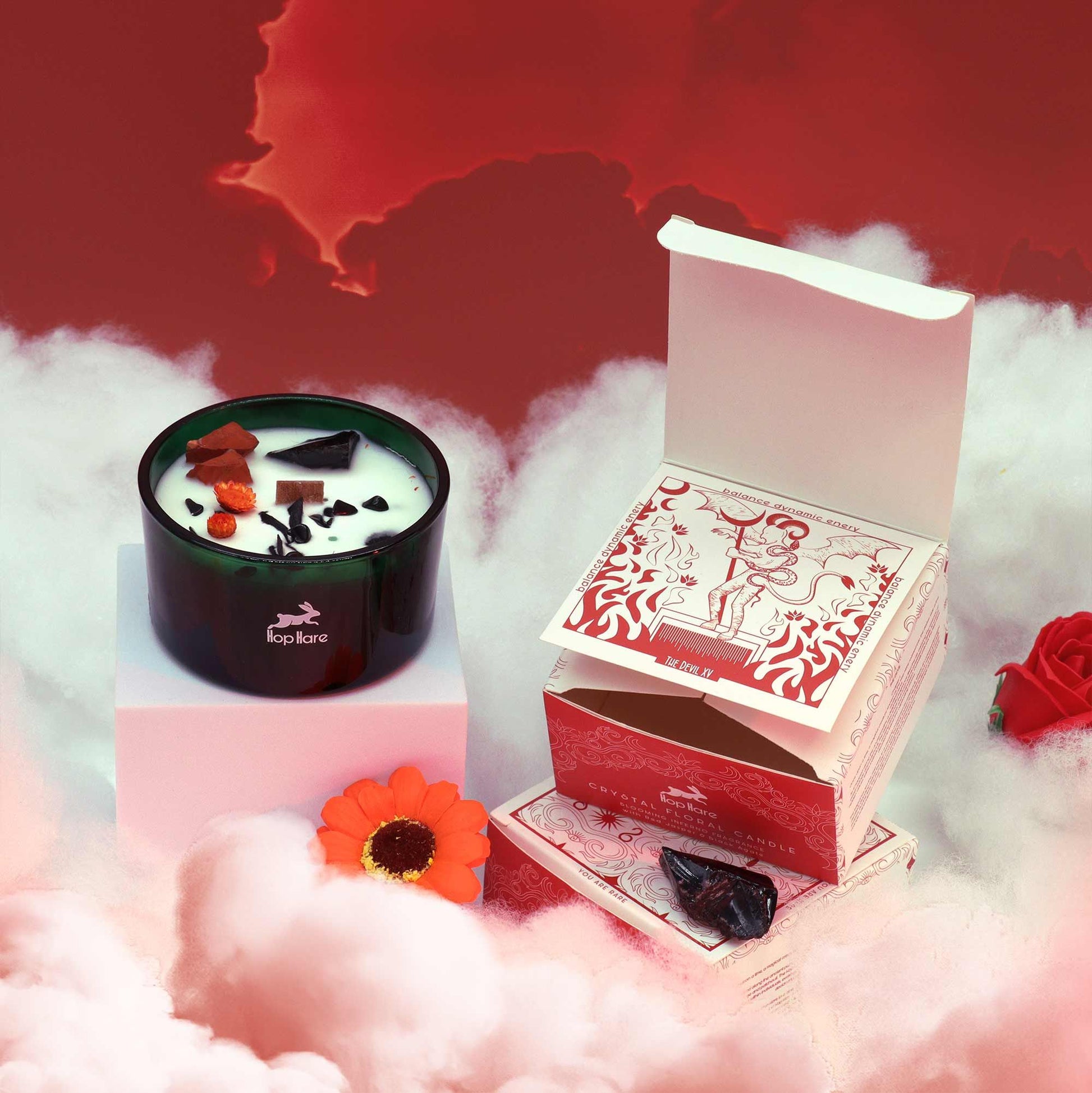 Hop Hare Magic Flower Candle beautifully presented amidst dreamy clouds, highlighting its intriguing design and unique scent profile. Ideal for gifting during the festive season as a magical Christmas gift home fragrance.