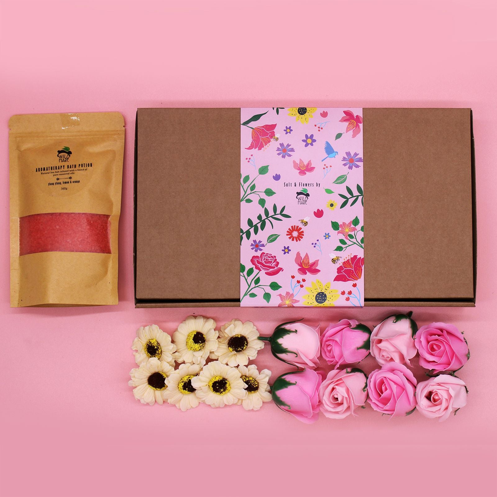 Stylishly arranged Ylang Ylang & Citrus Bath Salt Set with bath salt sachet and decorative soap flowers, a delightful addition to any gift – Christmas Gift Home Fragrance