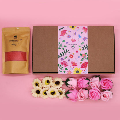 Stylishly arranged Ylang Ylang & Citrus Bath Salt Set with bath salt sachet and decorative soap flowers, a delightful addition to any gift – Christmas Gift Home Fragrance