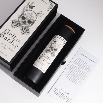 Gothic Garden Candle – Sage & Peppermint for Cleansing Rituals, displayed in its box alongside a ritual spell card, this home fragrance is a thoughtful Christmas gift that promotes relaxation and renewal.
