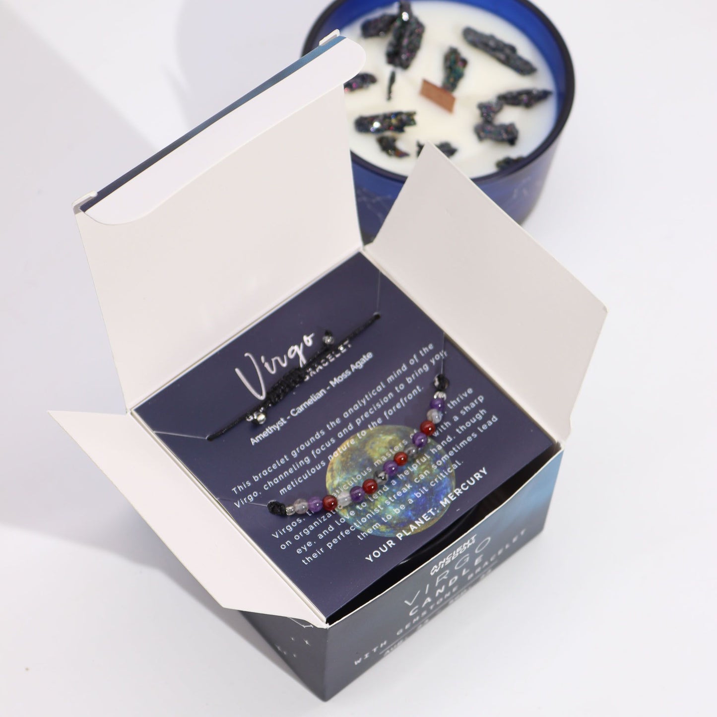 Zodiac Crystal Candle with Gemstone Bracelet - Virgo displayed in an opened box, highlighting the gemstone bracelet and candle. The enchanting Tree Agate and Oud scent makes this set a unique Christmas Gift for Home Fragrance enthusiasts.