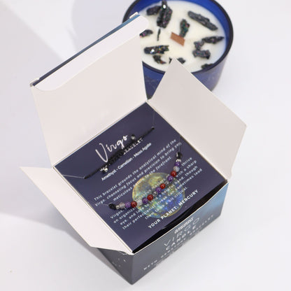 Zodiac Crystal Candle with Gemstone Bracelet - Virgo displayed in an opened box, highlighting the gemstone bracelet and candle. The enchanting Tree Agate and Oud scent makes this set a unique Christmas Gift for Home Fragrance enthusiasts.