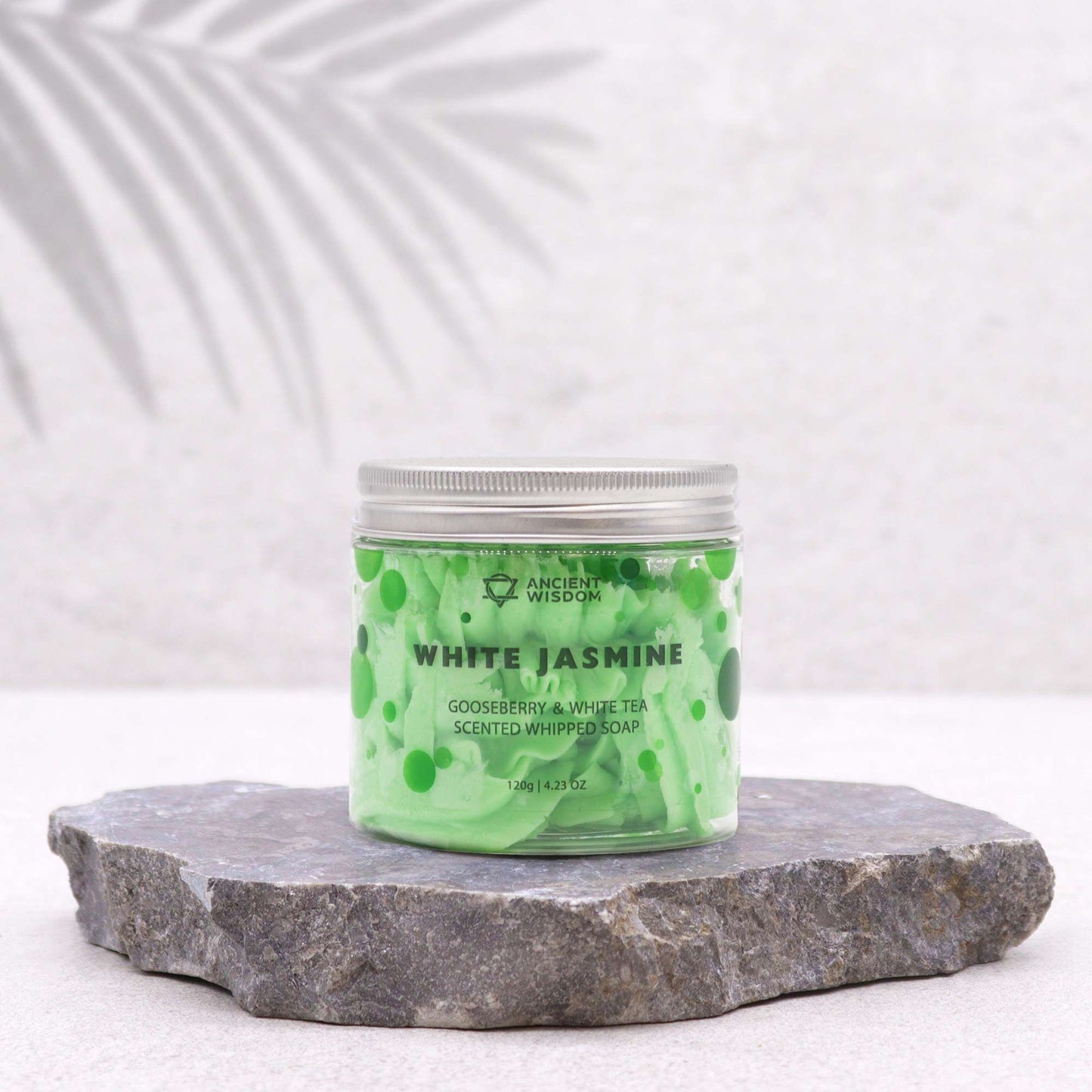 Gooseberry & White Tea Whipped Soap 120g – Vegan Luxury Care showcased on a stone surface, ideal for self-care rituals. This delightful {{scent}} {{product_type}} – Christmas Gift Home Fragrance brings joy and pampering.