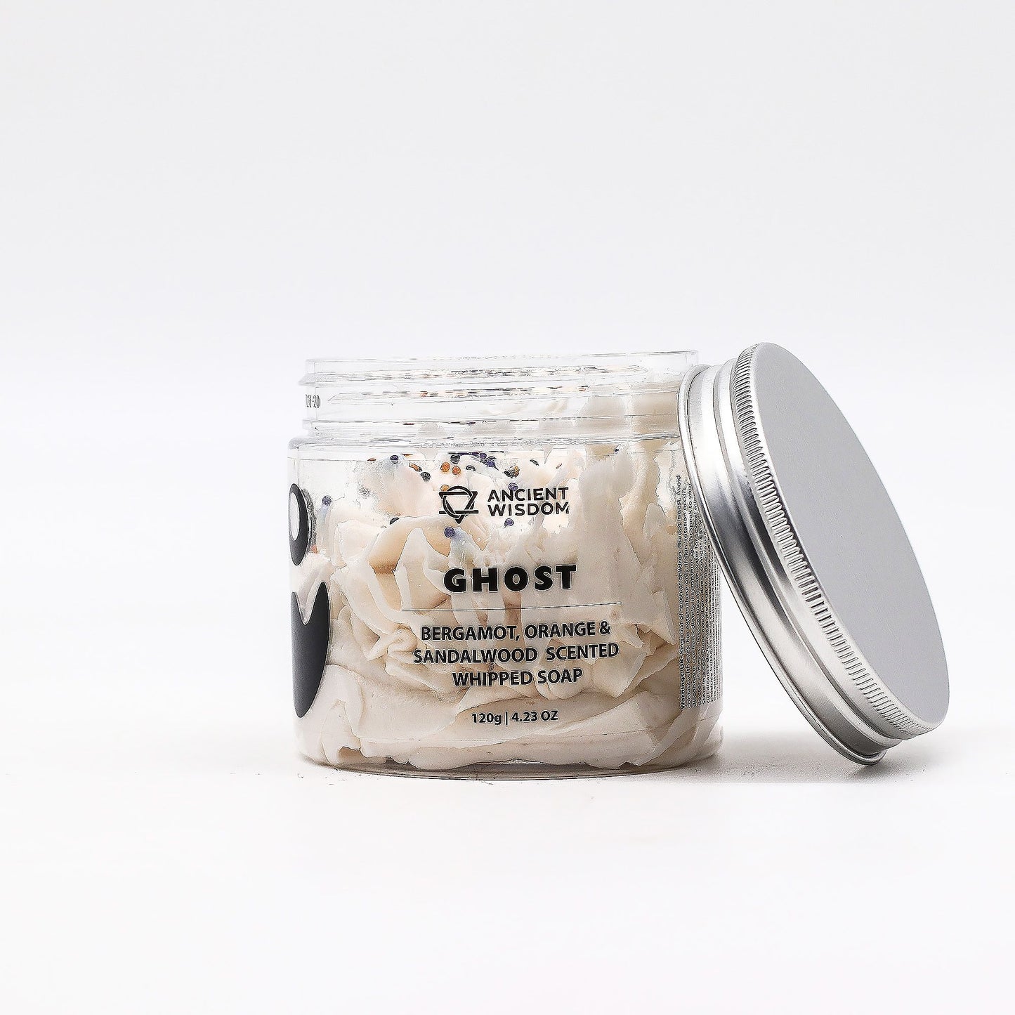 Close-up of Ghost Whipped Soap 120g in a clear jar, showcasing its creamy consistency and festive scent of bergamot, orange, and sandalwood – an ideal Christmas Gift Home Fragrance.