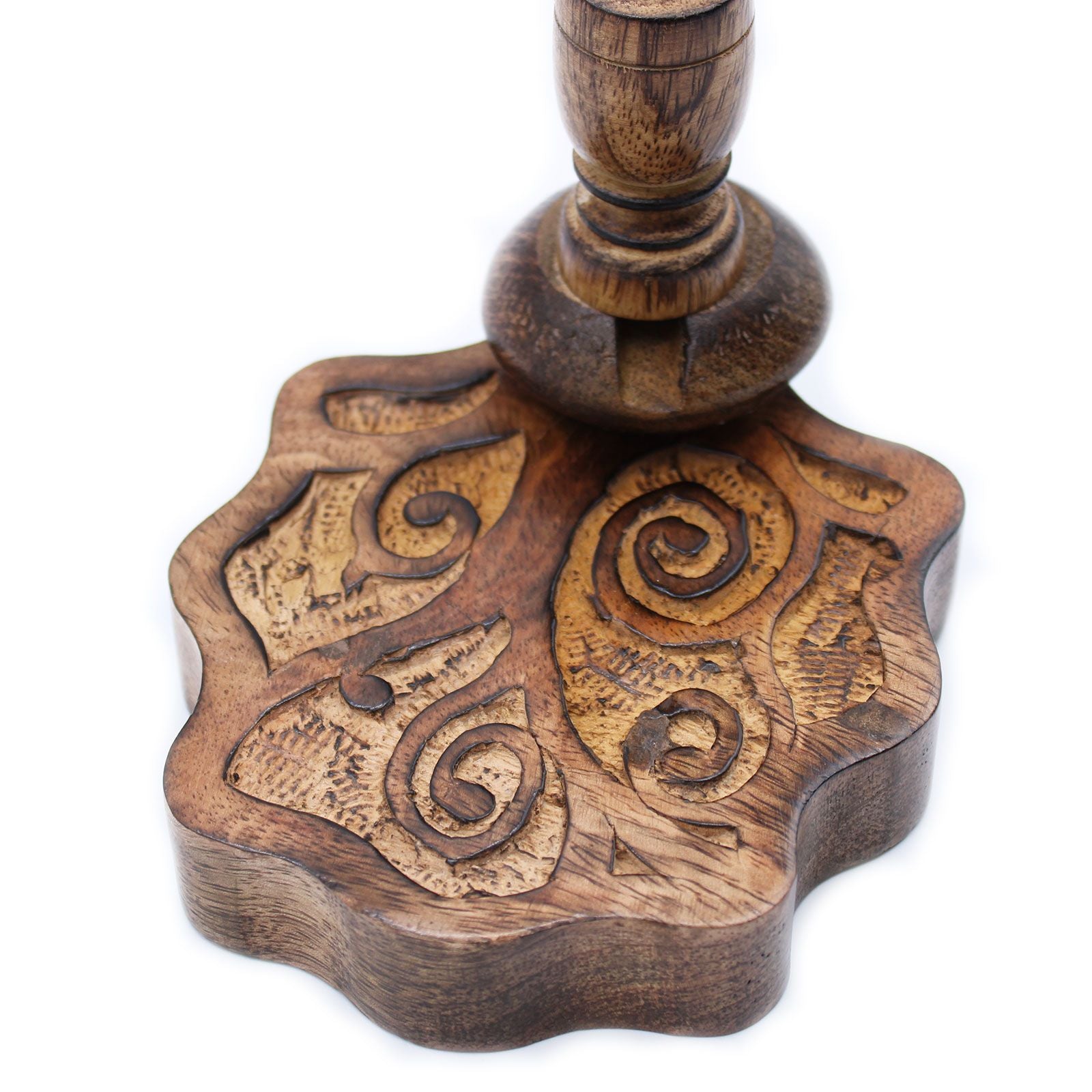 Another angle of the Sm Mango Wood Backflow Burner - Tree of Life, displaying its artistic swirl patterns in finely crafted mango wood. An excellent choice for a Christmas gift, adding warmth and fragrance to your space.