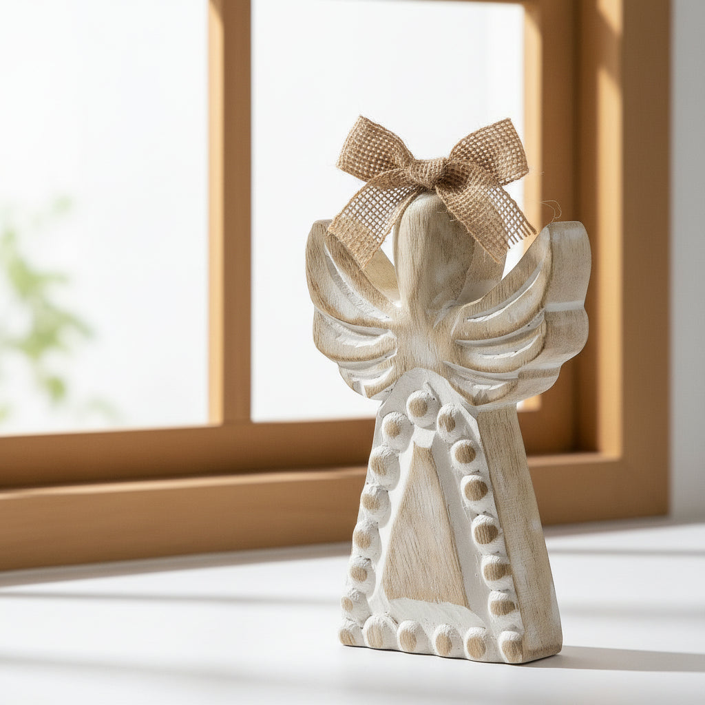 Rustic Whitewashed Mango Wood Angel - Hand-Carved Home Decor. Another angle highlighting the delicate craftsmanship, making it a perfect Christmas gift and versatile decoration for any home.