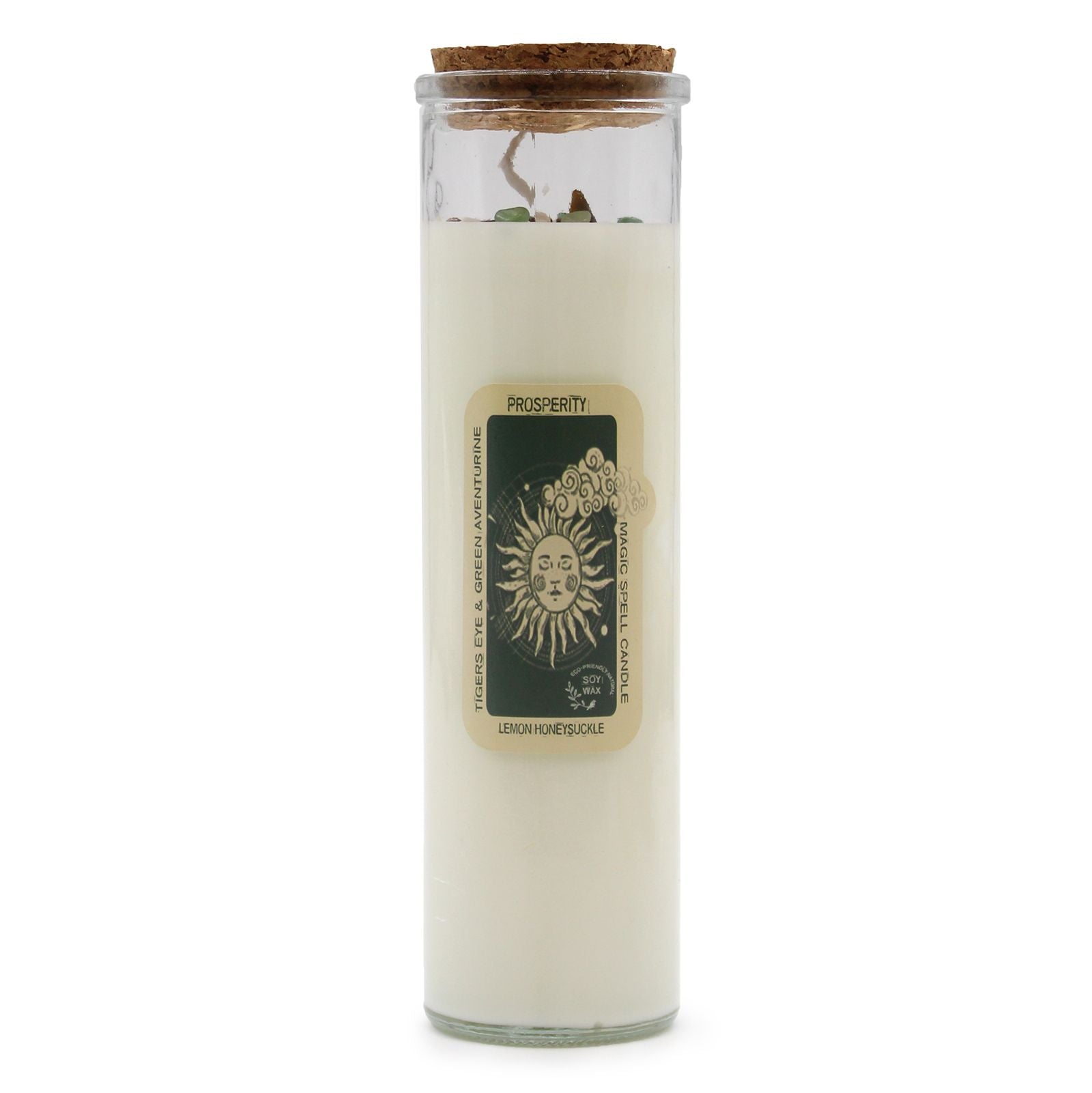 Prosperity Magic Candle with embedded gemstones and a cork lid, featuring refreshing Lemon Honeysuckle scent, ideal as a Christmas gift home fragrance.