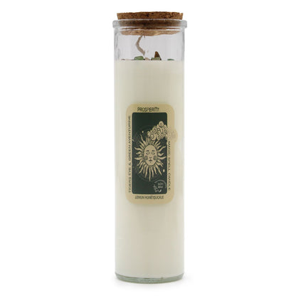 Prosperity Magic Candle with embedded gemstones and a cork lid, featuring refreshing Lemon Honeysuckle scent, ideal as a Christmas gift home fragrance.