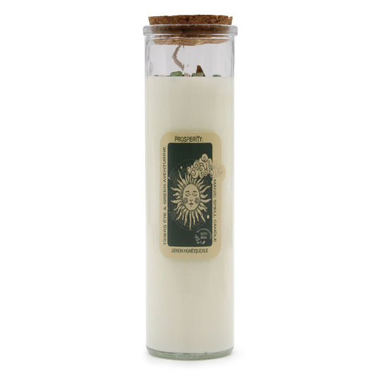 Prosperity Magic Candle with embedded gemstones and a cork lid, featuring refreshing Lemon Honeysuckle scent, ideal as a Christmas gift home fragrance.