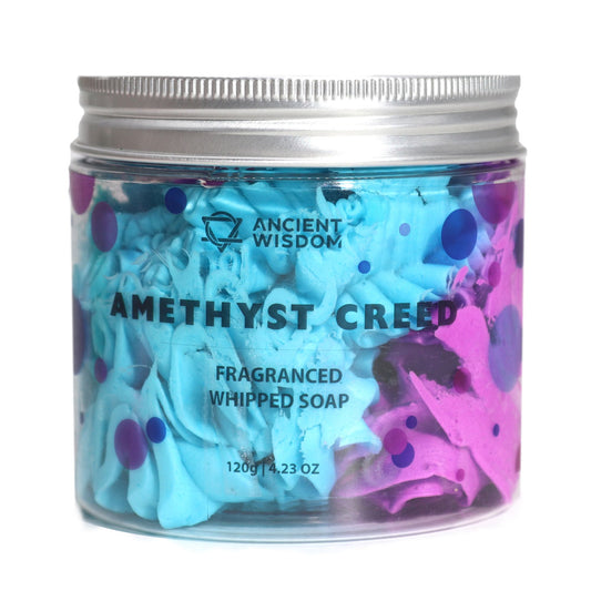 Amethyst Creed Whipped Soap 120g â€“ Luxurious Masculine Cleansing in a vibrant jar, showcasing a blend of blue and purple whipped soap, ideal for a Christmas gift home fragrance.
