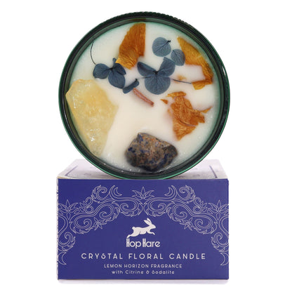 Hop Hare Crystal Magic Flower Candle featuring Citrine and Sodalite, showcasing a vibrant arrangement of dried flowers and gemstones in a sleek black container. Perfect scent for a Christmas gift home fragrance.