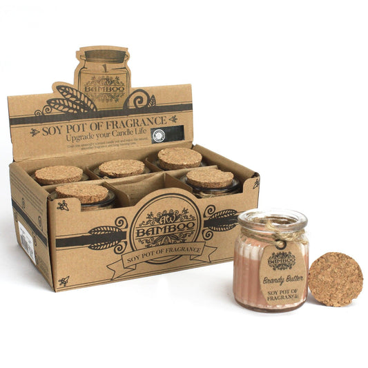 Brandy Butter Soy Candle showcased in a stylish eco-friendly cardboard display, perfect as a Christmas gift for home fragrance lovers.