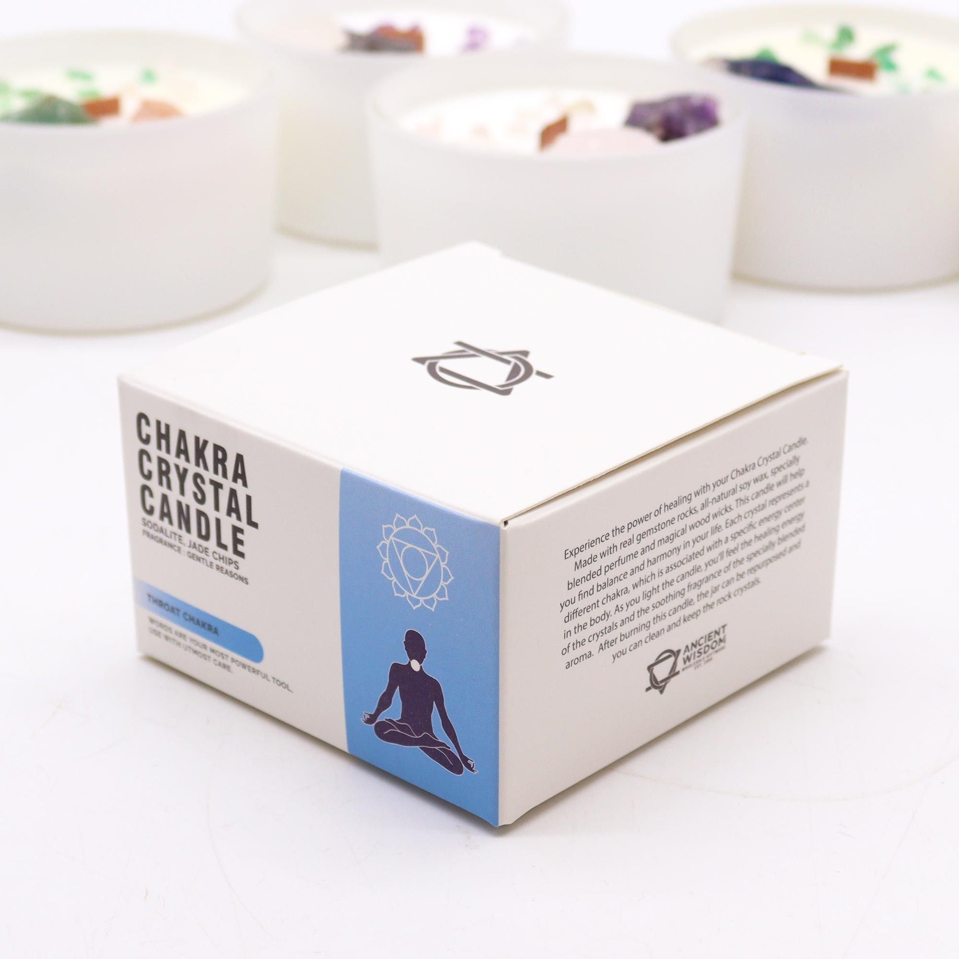 Throat Chakra Candle with Sodalite & Jade, beautifully packaged. This {{scent}} {{product_type}} offers a tranquil experience, making it a thoughtful gift for the festive season.