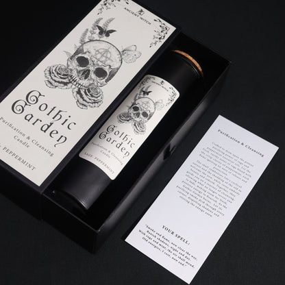 The Gothic Garden Candle – Sage & Peppermint for Cleansing Rituals elegantly packaged in a gift box, showcasing its unique skull and rose design. A perfect Christmas Gift Home Fragrance.