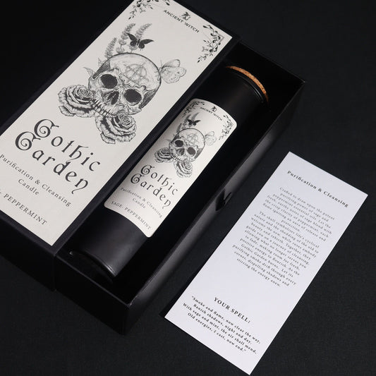 The Gothic Garden Candle – Sage & Peppermint for Cleansing Rituals elegantly packaged in a gift box, showcasing its unique skull and rose design. A perfect Christmas Gift Home Fragrance.