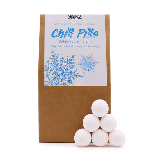 White Christmas Chill Pills Gift Pack featuring white bath bombs, perfect for relaxation. Ideal Christmas gift for home fragrance and festive pampering.