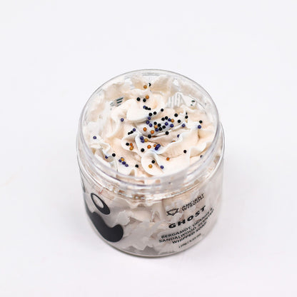 Top view of Ghost Whipped Soap 120g jar highlighting fluffy soap texture with colourful sprinkles, offering a delightful bergamot, orange, and sandalwood scent – a charming Christmas Gift Home Fragrance.