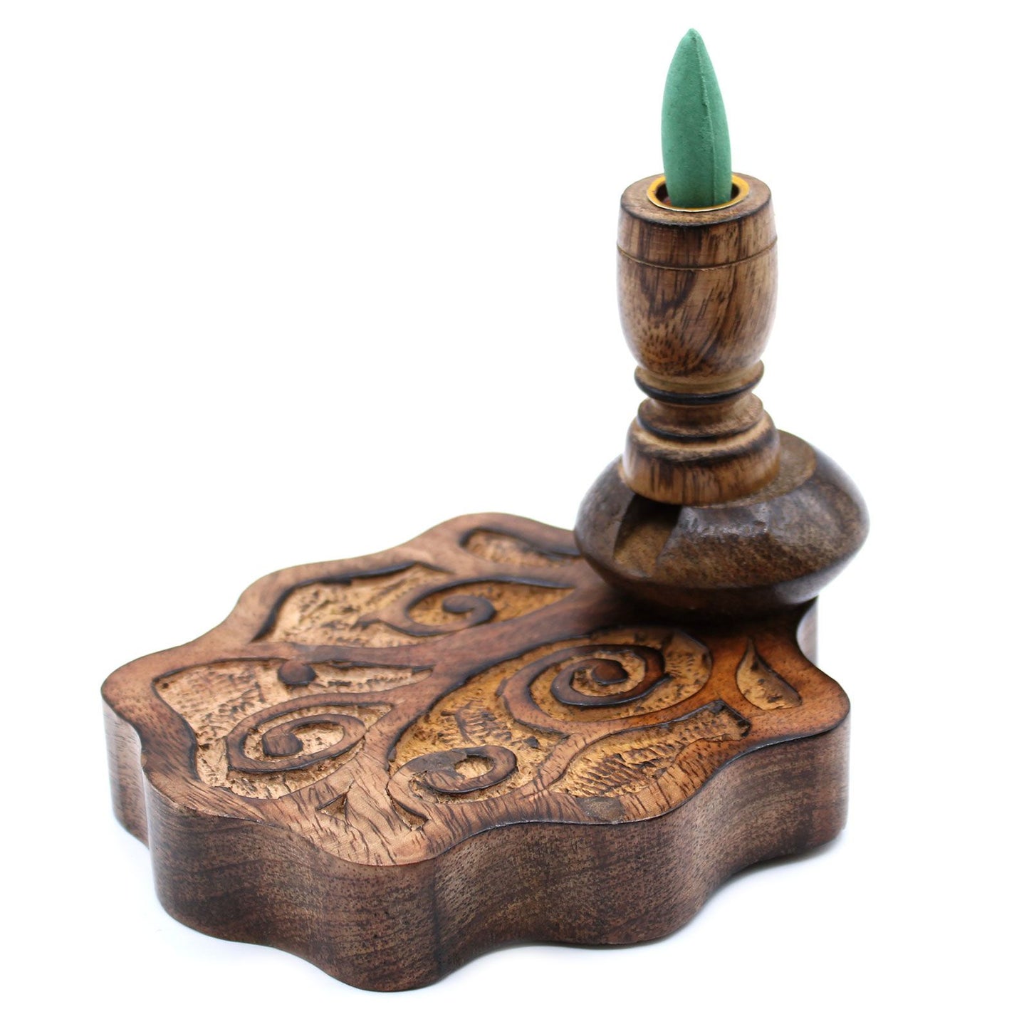 Sm Mango Wood Backflow Burner - Tree of Life, featuring a backflow incense cone placed for use. This burner not only provides soothing scents but also serves as a beautiful Christmas gift for home fragrance enthusiasts.