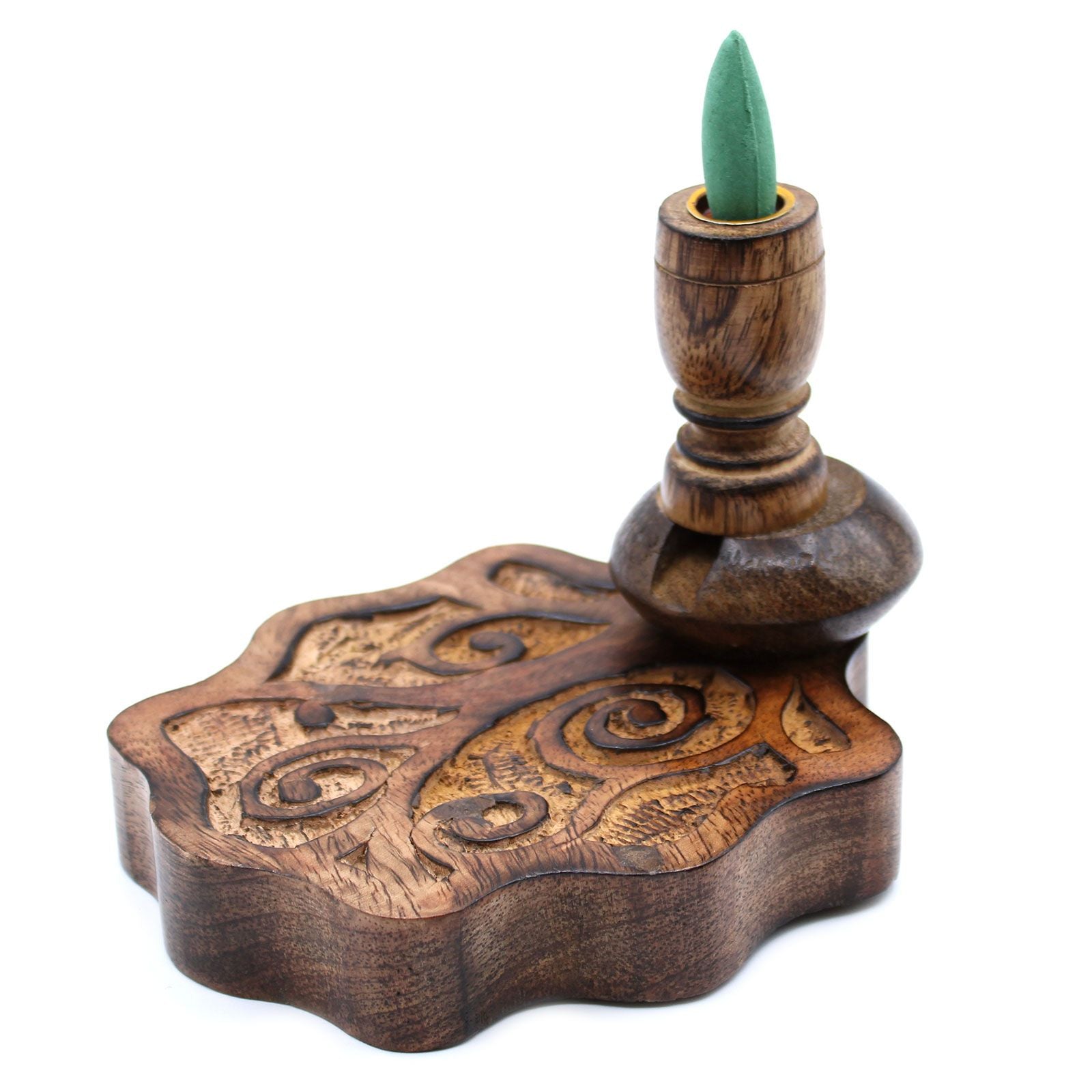 Sm Mango Wood Backflow Burner - Tree of Life, featuring a backflow incense cone placed for use. This burner not only provides soothing scents but also serves as a beautiful Christmas gift for home fragrance enthusiasts.