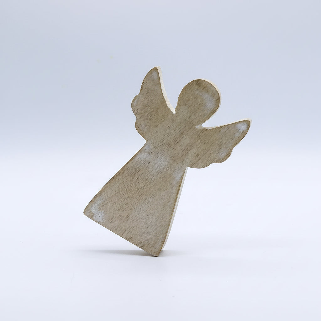 Back view of the Rustic Whitewashed Mango Wood Angel - Hand-Carved Home Decor highlighting its elegant silhouette, ideal for adding charm to festive decorations or as a Christmas gift home fragrance.
