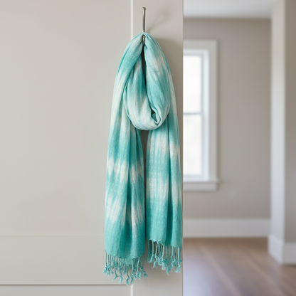 Model wearing the Boho Teal Striped Art Stole - Linen & Rayon Chic Scarf draped elegantly, demonstrating the versatile styling options of this boho teal scarf.