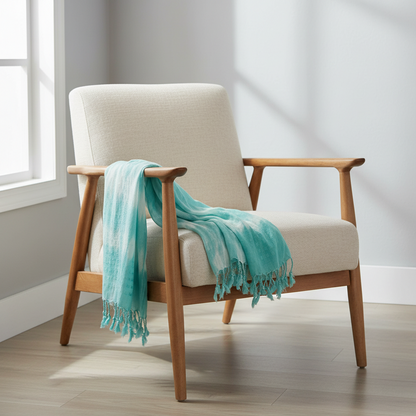 Boho Teal Striped Art Stole - Linen & Rayon Chic Scarf displayed on a rustic background, capturing the artistic flair of this must-have boho teal scarf.