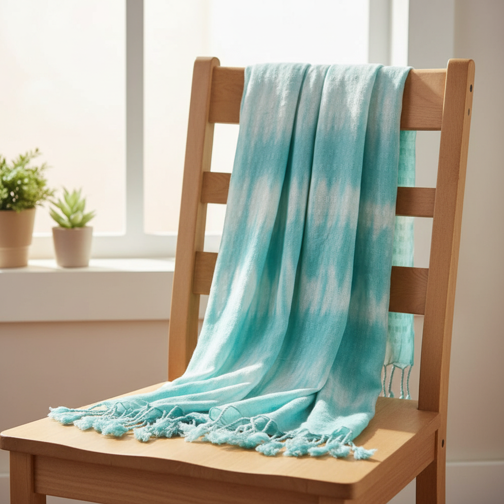 Lifestyle shot featuring the Boho Teal Striped Art Stole - Linen & Rayon Chic Scarf as a chic wrap, perfect for adding sophistication with this beautiful boho teal scarf.