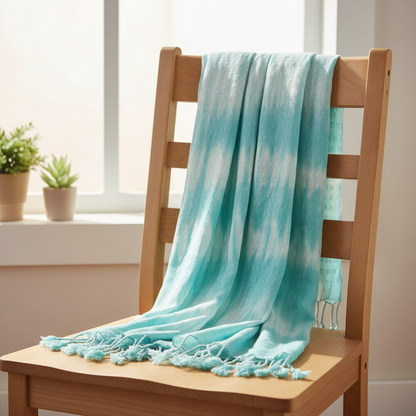 Lifestyle shot featuring the Boho Teal Striped Art Stole - Linen & Rayon Chic Scarf as a chic wrap, perfect for adding sophistication with this beautiful boho teal scarf.