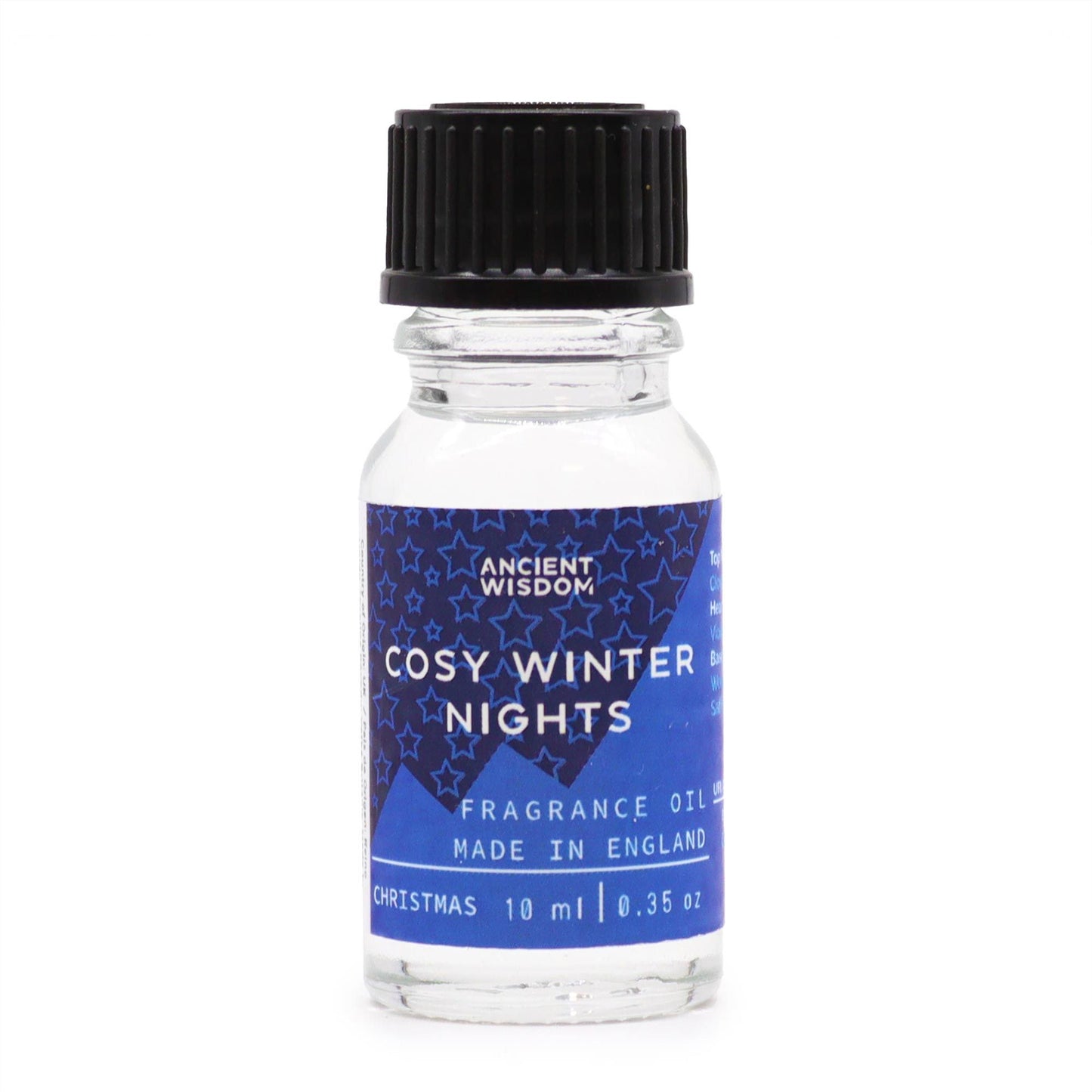 Close-up of a single Cosy Winter Nights Essential Oil 10ml bottle, highlighting its relaxing scent blend ideal for home fragrance. A great choice for a Christmas gift or stocking filler, this essential oil features festive fragrance notes like cinnamon orange, frankincense myrrh, and white Christmas, perfect for a pamper pack and winter aromatherapy.
