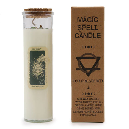 Prosperity Magic Candle displayed with packaging, featuring Tiger Eye and Green Aventurine gemstones, a delightful Lemon Honeysuckle scent for Christmas gift home fragrance.