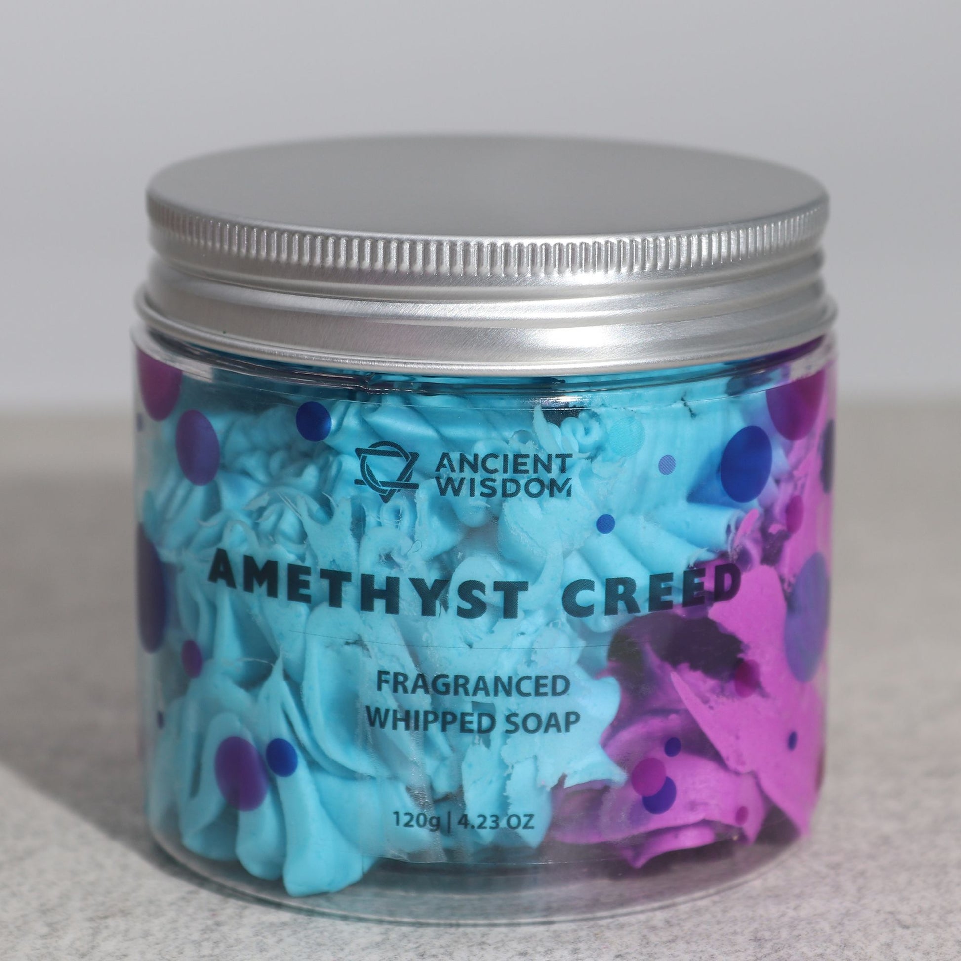 Amethyst Creed Whipped Soap 120g – Luxurious Masculine Cleansing with a colourful display of whipped soap in a jar, perfect as a festive Christmas gift home fragrance.