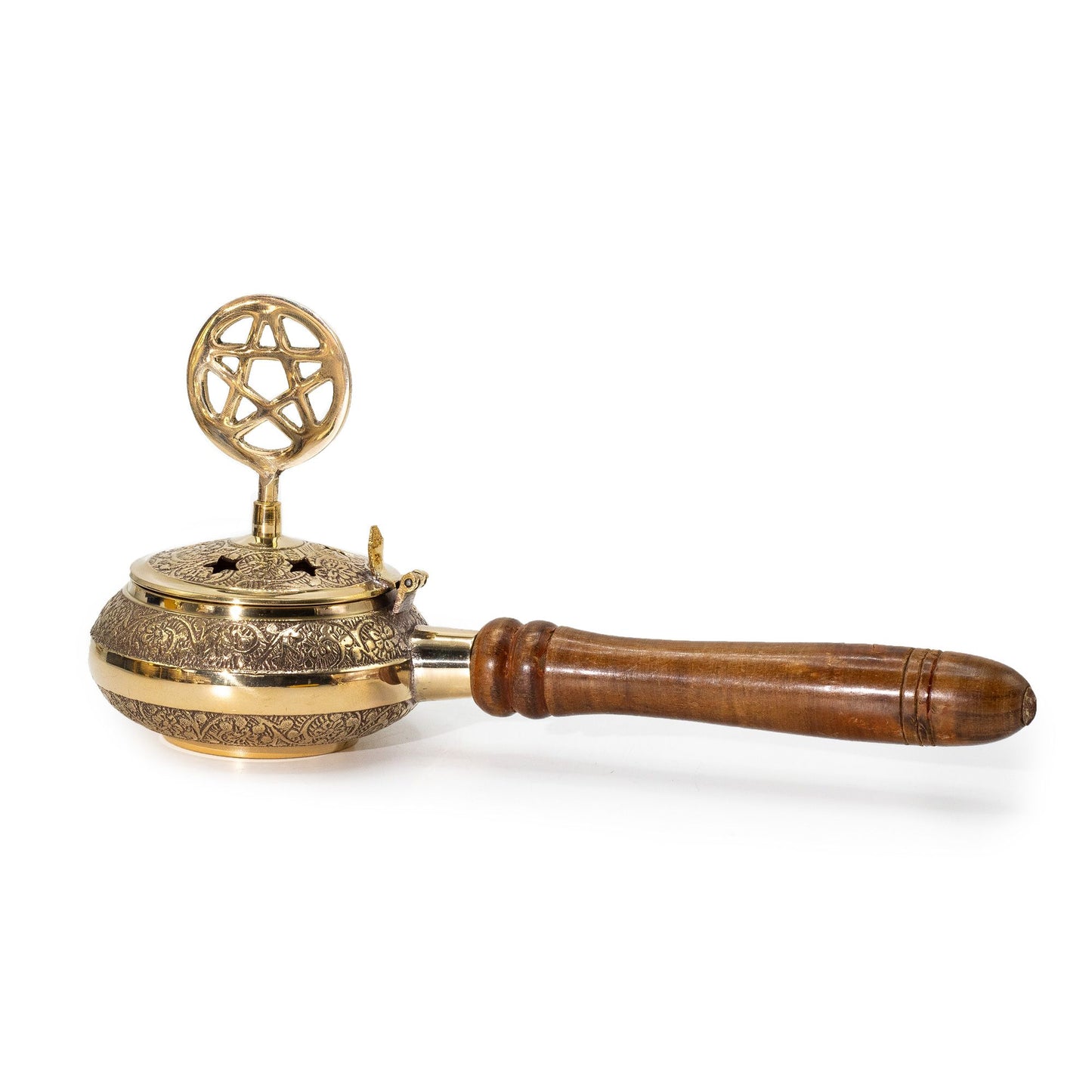 Engraved Brass Pentagram Incense Burner with Wooden Handle, showcasing intricate engravings and star-shaped vents. A perfect {{scent}} incense burner for enhancing home fragrance and ideal as a Christmas gift.