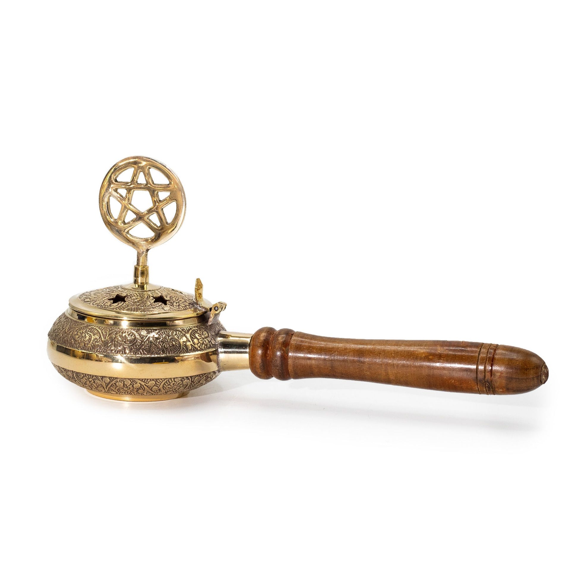 Engraved Brass Pentagram Incense Burner with Wooden Handle, showcasing intricate engravings and star-shaped vents. A perfect {{scent}} incense burner for enhancing home fragrance and ideal as a Christmas gift.