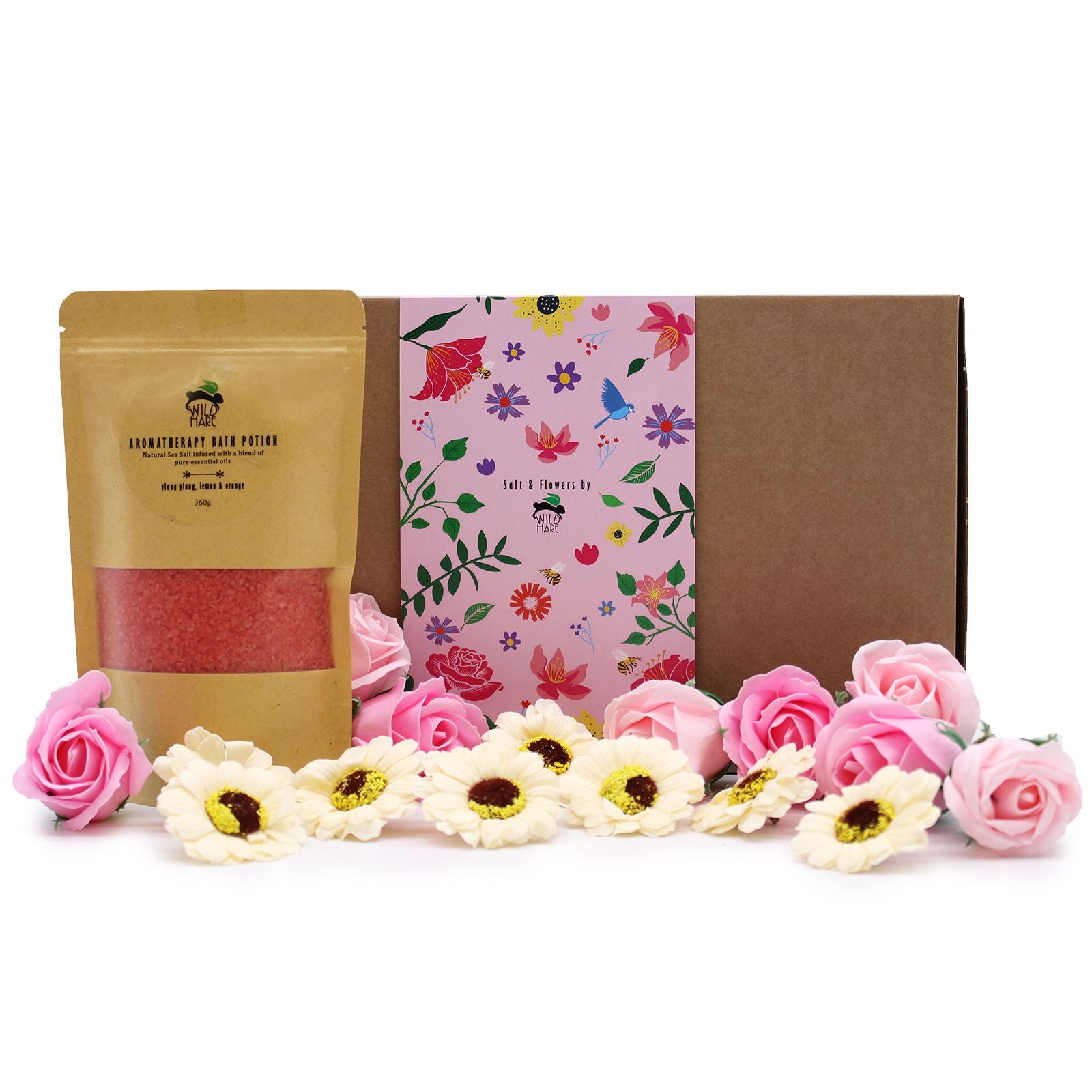 Ylang Ylang & Citrus Bath Salt Set beautifully presented with pink soap roses and sunflowers, perfect for a luxurious spa experience. A great choice for a Christmas Gift Home Fragrance.