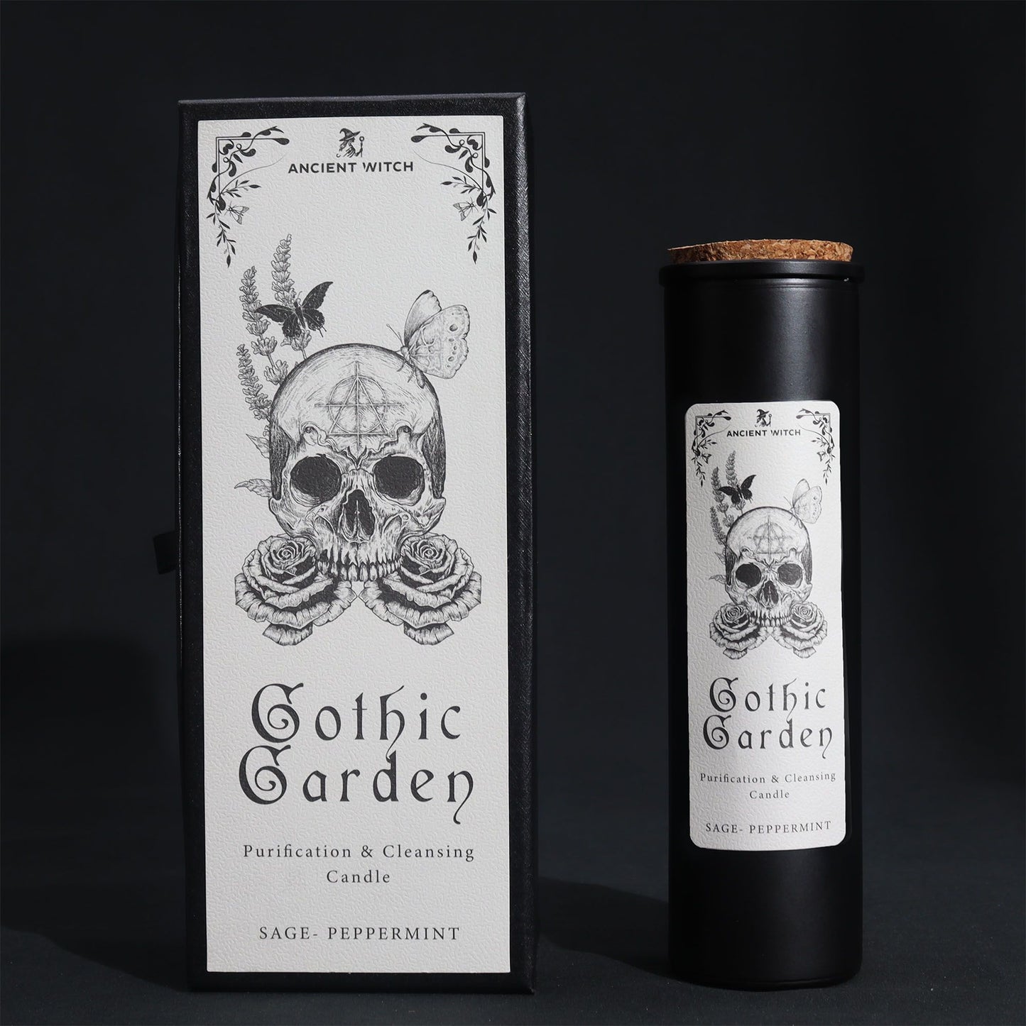 The Gothic Garden Candle – Sage & Peppermint for Cleansing Rituals set against a dark backdrop, featuring elegant packaging with a skull motif. A unique choice for a Christmas Gift Home Fragrance.