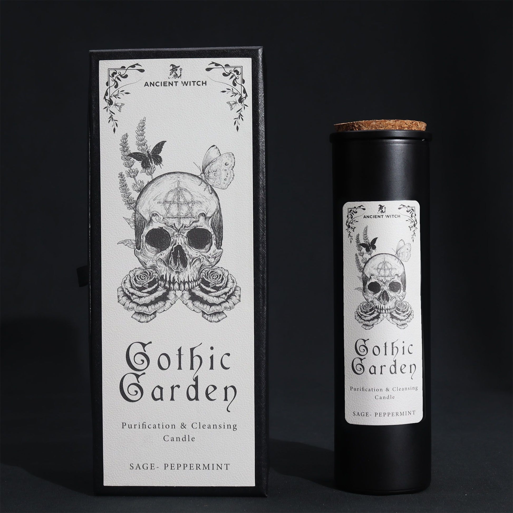 The Gothic Garden Candle – Sage & Peppermint for Cleansing Rituals set against a dark backdrop, featuring elegant packaging with a skull motif. A unique choice for a Christmas Gift Home Fragrance.