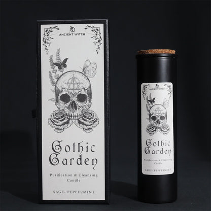The Gothic Garden Candle – Sage & Peppermint for Cleansing Rituals set against a dark backdrop, featuring elegant packaging with a skull motif. A unique choice for a Christmas Gift Home Fragrance.