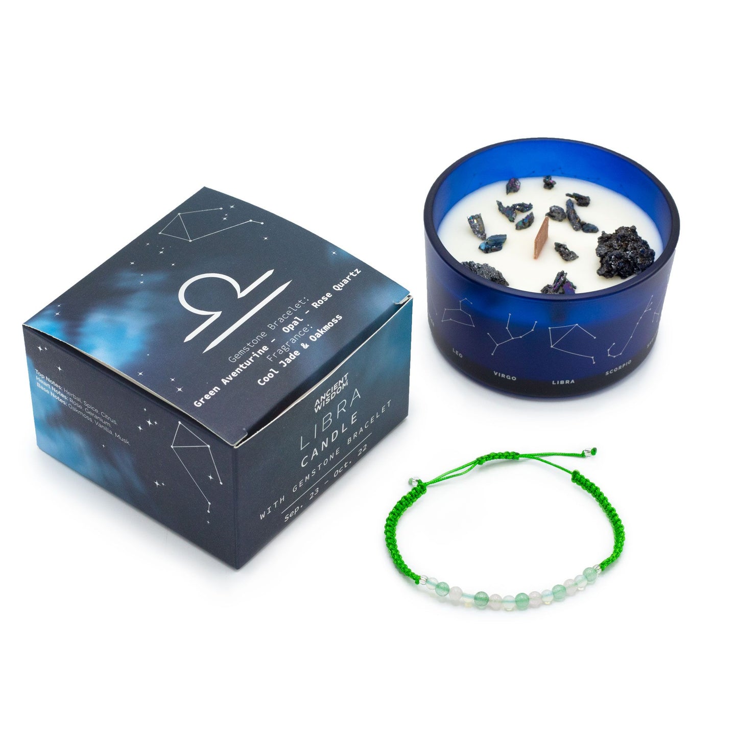 Zodiac Crystal Candle with Gemstone Bracelet - Libra displayed with a shimmering blue candle and a stylish Green Aventurine bracelet, infused with calming fragrances of cool Jade and Oakmoss – Christmas Gift Home Fragrance.