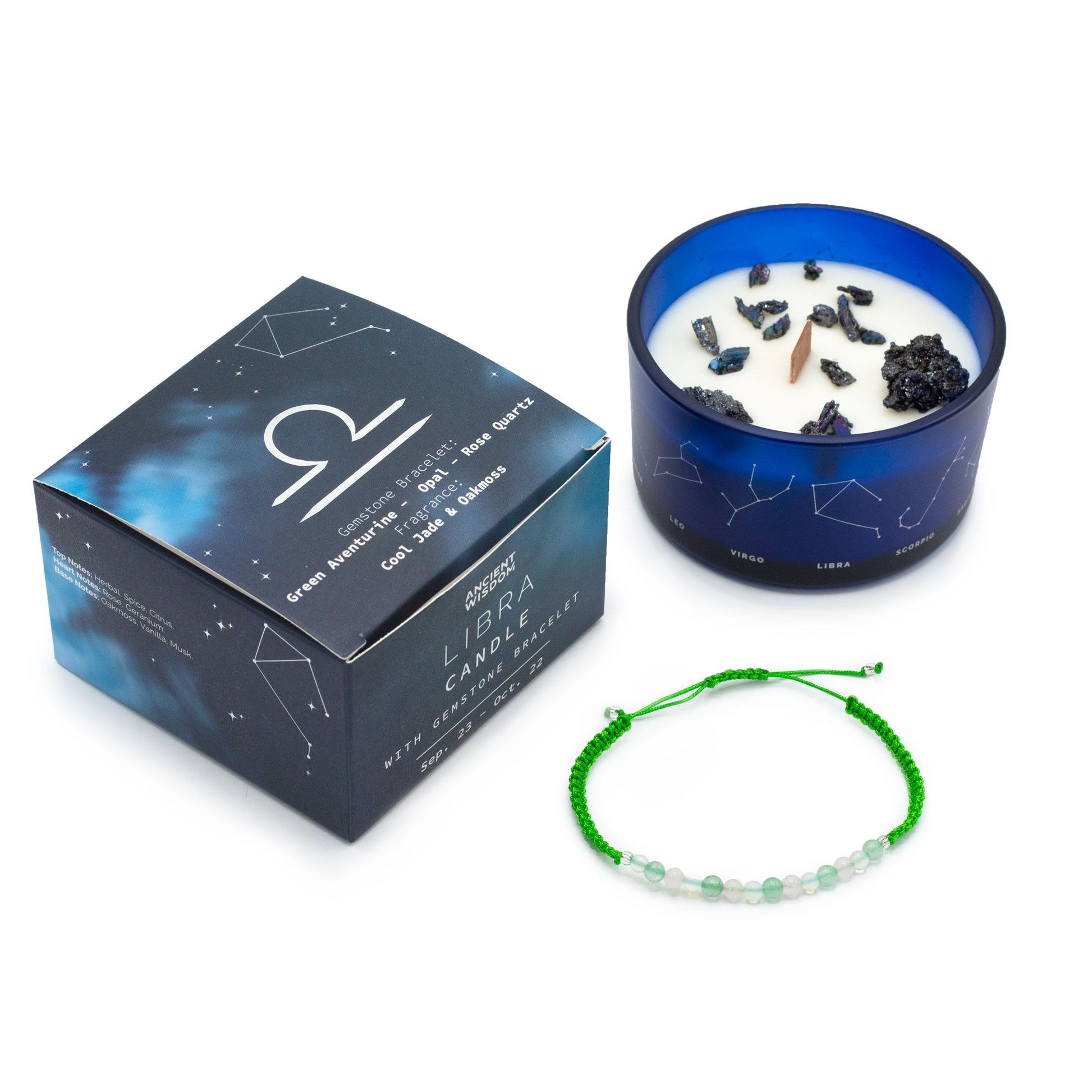 Zodiac Crystal Candle with Gemstone Bracelet - Libra displayed with a shimmering blue candle and a stylish Green Aventurine bracelet, infused with calming fragrances of cool Jade and Oakmoss – Christmas Gift Home Fragrance.