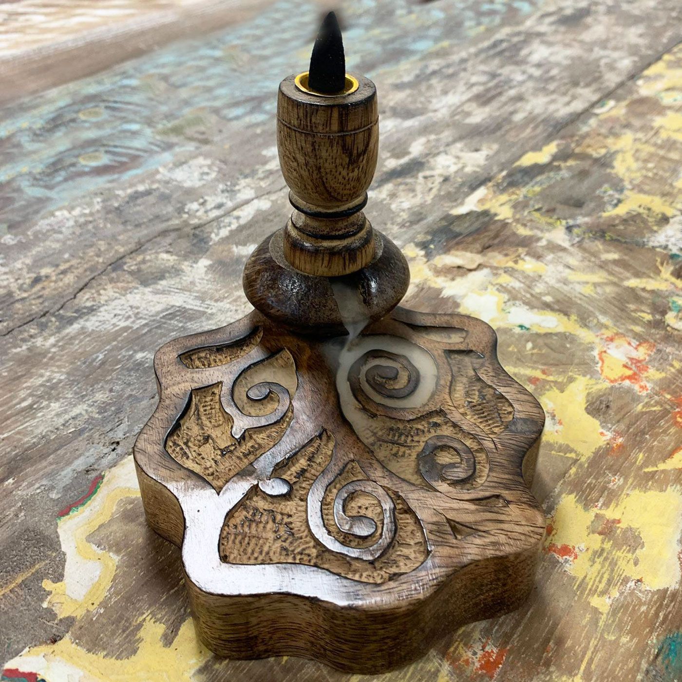 Sm Mango Wood Backflow Burner - Tree of Life featuring a beautifully carved design and cascading smoke, perfect for creating a calming atmosphere. Ideal for enhancing your home fragrance – Christmas Gift Home Fragrance.