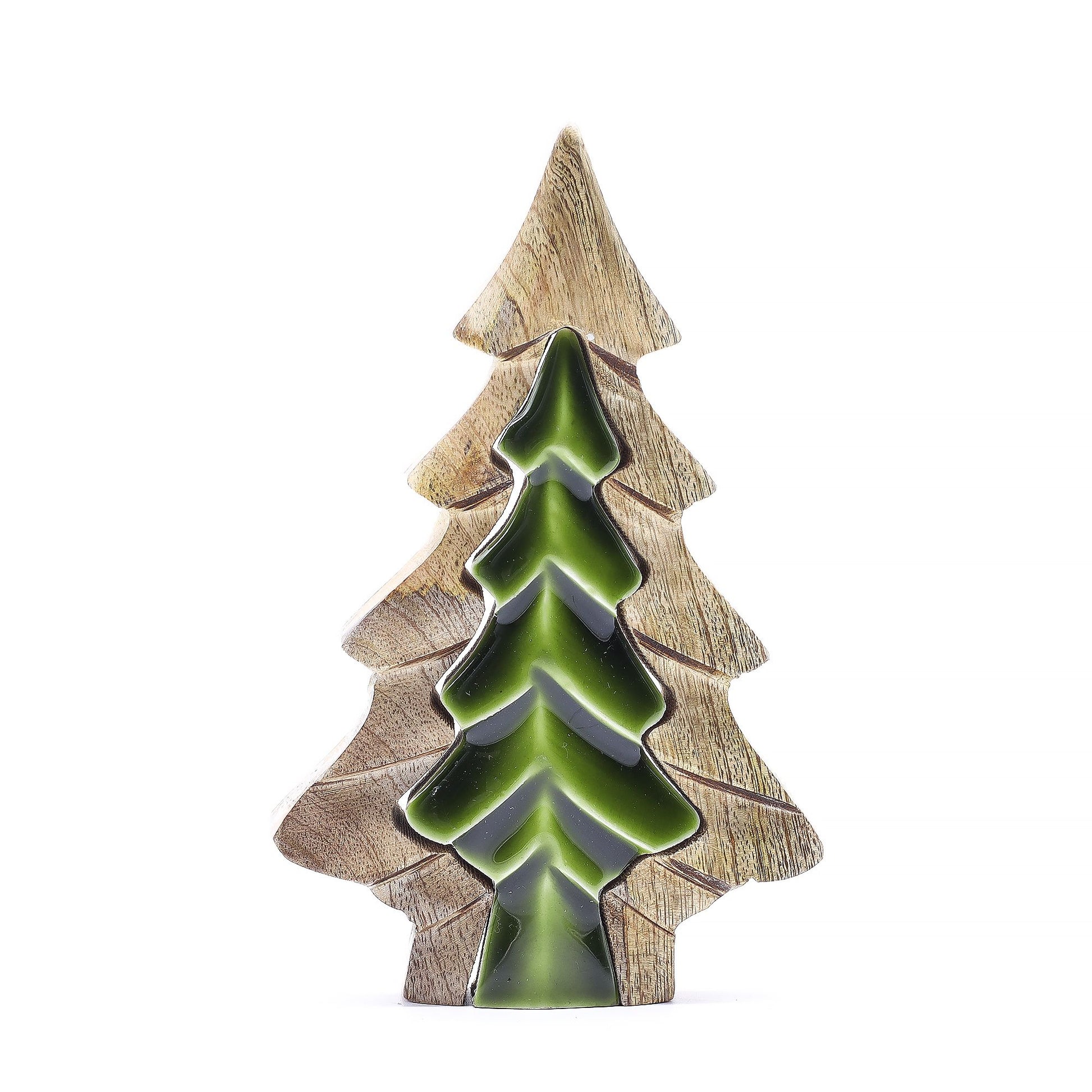 Woodland Charm - Small Tree in Tree Decoration 15x10cm, showcasing a detailed layered design in natural mango wood and green enamel, ideal for festive decorating and gifting – Christmas Gift Home Fragrance