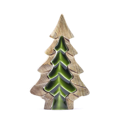 Woodland Charm - Small Tree in Tree Decoration 15x10cm, showcasing a detailed layered design in natural mango wood and green enamel, ideal for festive decorating and gifting – Christmas Gift Home Fragrance