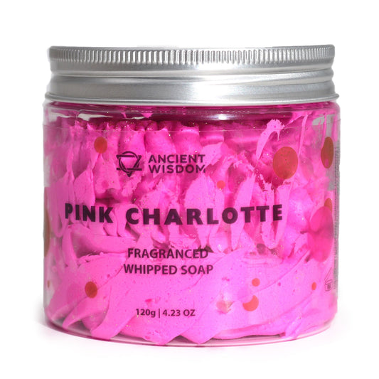 Pink Charlotte Whipped Cream Soap 120g displayed in a stylish jar, perfect for pampering and gifting. This festive soap offers a delightful {{scent}} experience, making it an ideal Christmas gift home fragrance.