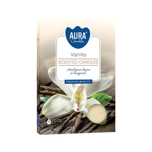 Set of 6 Vanilla Scented Tealights â€“ ideal gift for any occasion, beautiful packaging featuring vanilla flowers, perfect for enhancing your home fragrance â€“ Christmas Gift Home Fragrance