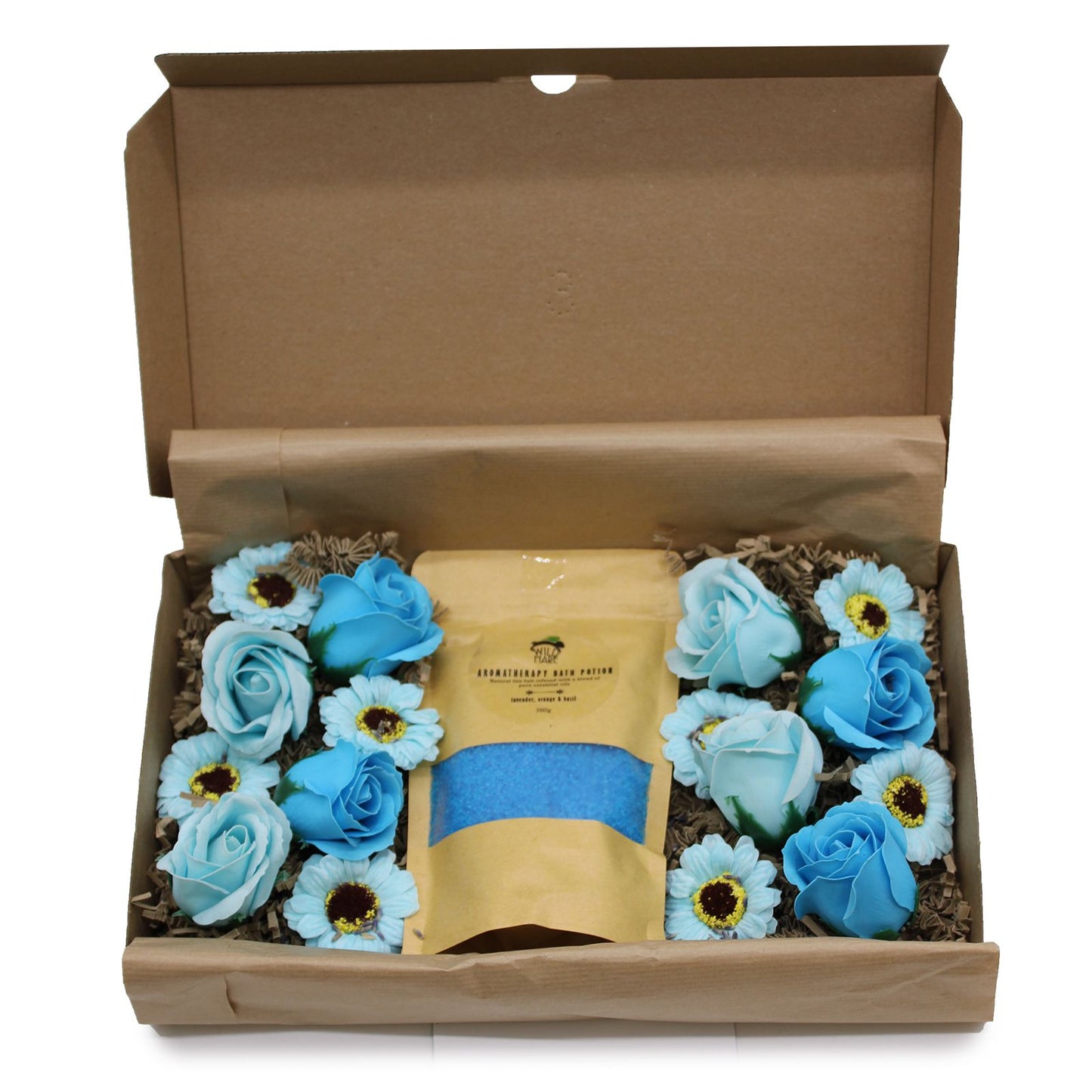 Inside the Total Unwind Spa Set - Lavender Bath Salt & Soap Flowers gift box, featuring blue soap flowers and lavender bath salt, great for Christmas gifting and home fragrance.